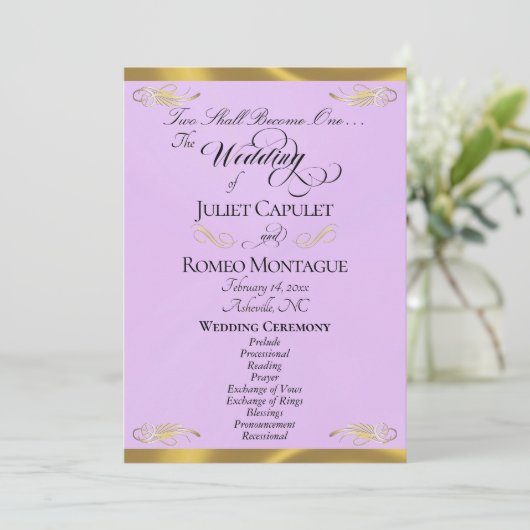 Elegant Script - Lavendel/Goud Huwelijk Programmakaart (Staand voorkant)