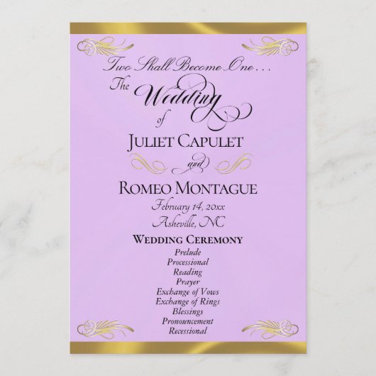 Elegant Script - Lavendel/Goud Huwelijk Programmakaart (Voorkant)
