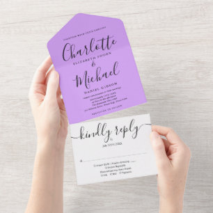 Elegant Script Lavendel Lila Minimalistische Trouw All In One Uitnodiging