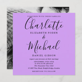 Elegant Script Lavender Lila Orchid Weduwfoto Kaart