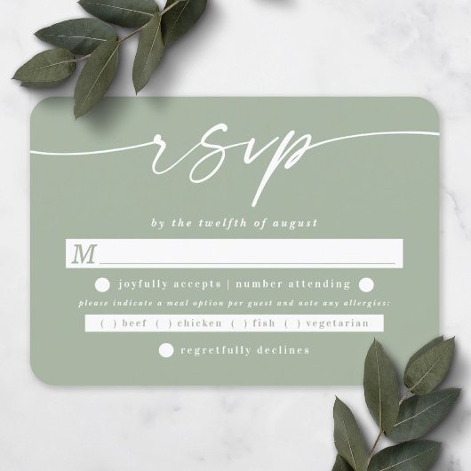 Elegant Script Leaf Green Wedding Meal Choice RSVP Kaartje