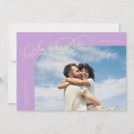 Elegant Script Lemon Wisteria Curved Frame Photo Save The Date (Voorkant)