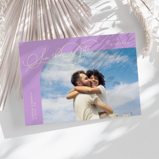 Elegant Script Lemon Wisteria Curved Frame Photo Save The Date