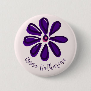 Elegant Script Lettertype Naam Paarse Flower Doodl Ronde Button 5,7 Cm
