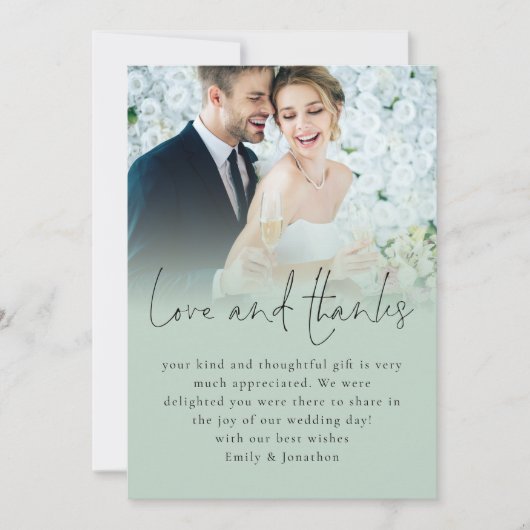 Elegant Script Liefde Bedankt Foto Sage Bruiloft Kaart (Voorkant)