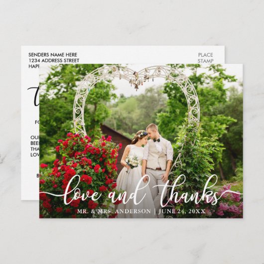 Elegant Script Liefde en Dank | Trouwfoto Briefkaart (Voorkant / Achterkant)