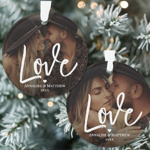 Elegant Script Liefde Hart Twee Foto Ornament