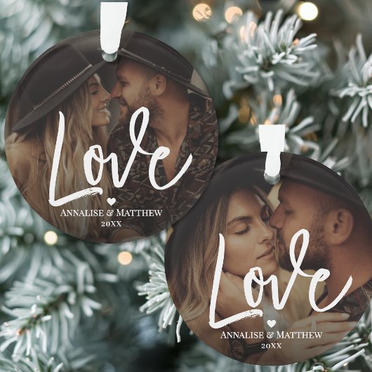 Elegant Script Liefde Hart Twee Foto Ornament