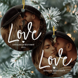 Elegant Script Liefde Hart Twee Foto's Keramisch Ornament
