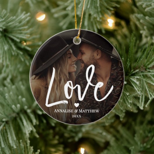 Elegant Script Liefde Hart Twee Foto's Keramisch Ornament (Boom)