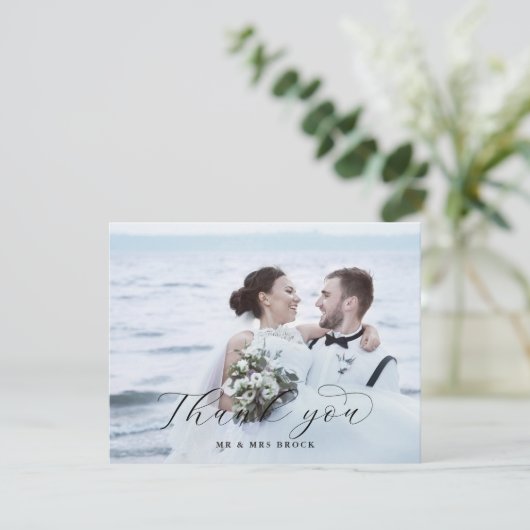 Elegant Script Light Photo Wedding Bedankkaart (Staand voorkant)