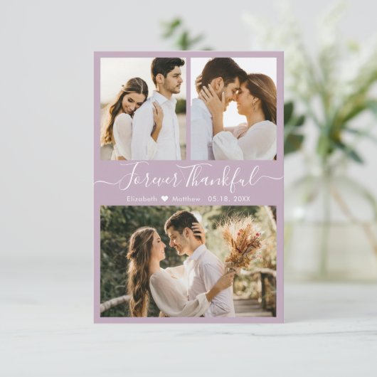 Elegant Script Lila 3 Photo Collage Wedding Bedankkaart (Staand voorkant)