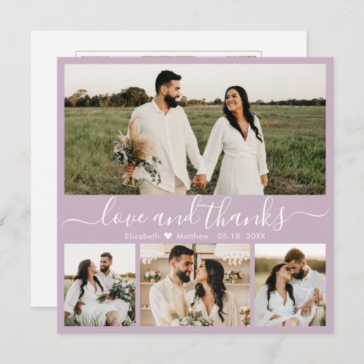 Elegant Script Lila 4 Photo Collage Wedding Bedankkaart (Voorkant / Achterkant)