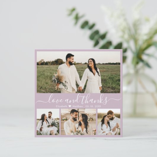 Elegant Script Lila 4 Photo Collage Wedding Bedankkaart (Staand voorkant)