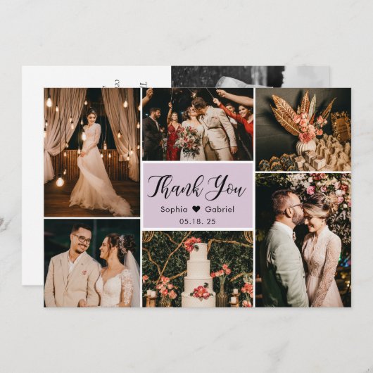 Elegant Script Lila Weddenschap Multi Photo Collag Bedankkaart (Voorkant / Achterkant)