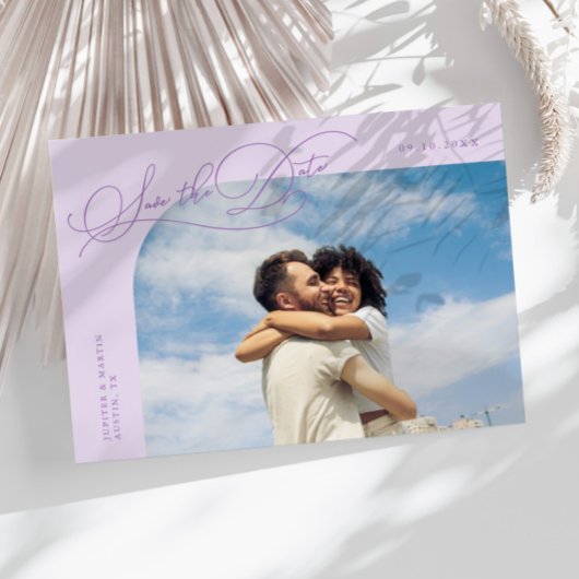 Elegant Script Lilac Curved Frame Photo Save The Date