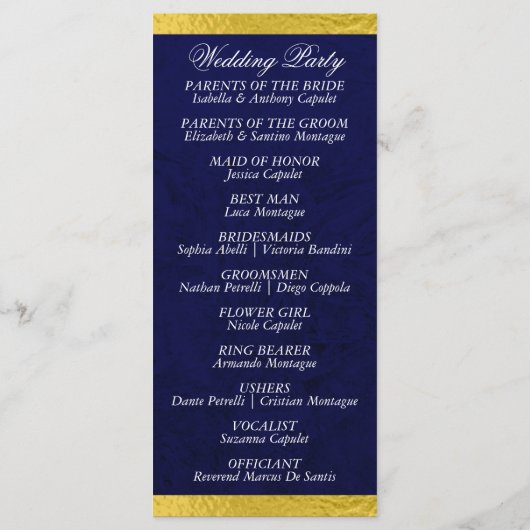 Elegant script & lint - Blauw/Gouden bruiloft Programmakaart (Achterkant)