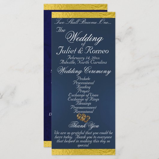 Elegant script & lint - Blauw/Gouden bruiloft Programmakaart (Voorkant / Achterkant)