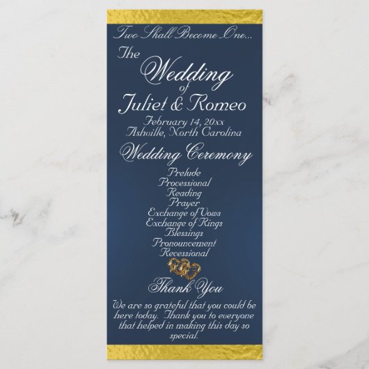 Elegant script & lint - Blauw/Gouden bruiloft Programmakaart (Voorkant)