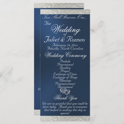 Elegant script & lint - Blauw/Zilveren bruiloft Programmakaart (Voorkant / Achterkant)