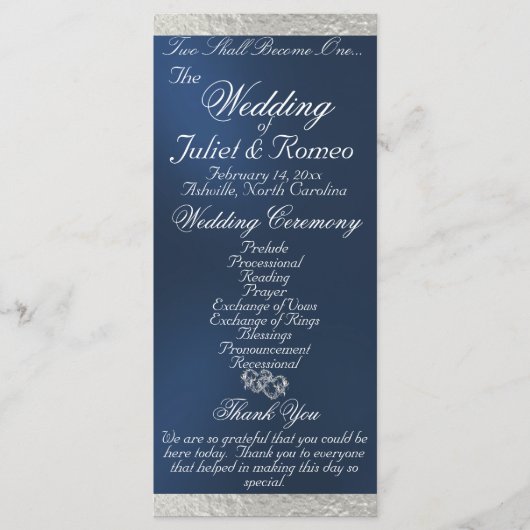 Elegant script & lint - Blauw/Zilveren bruiloft Programmakaart (Voorkant)