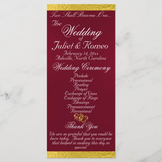 Elegant script & lint - Bourgogne/gouden bruiloft Programmakaart (Voorkant)