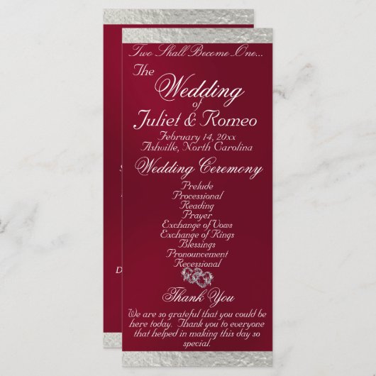 Elegant script & lint - Bourgondië / Zilveren brui Programmakaart (Voorkant / Achterkant)