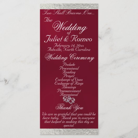 Elegant script & lint - Bourgondië / Zilveren brui Programmakaart (Voorkant)