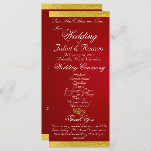 Elegant script & lint - Crimson/Gold Wedding Programmakaart (Voorkant / Achterkant)