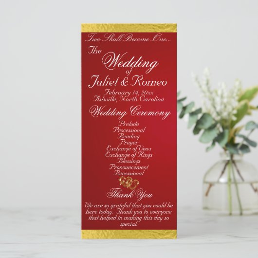 Elegant script & lint - Crimson/Gold Wedding Programmakaart (Staand voorkant)