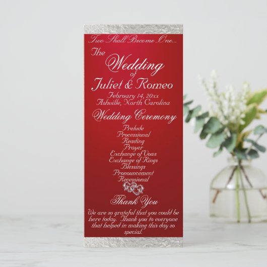 Elegant script & lint - Crimson/Silver Wedding Programmakaart (Staand voorkant)