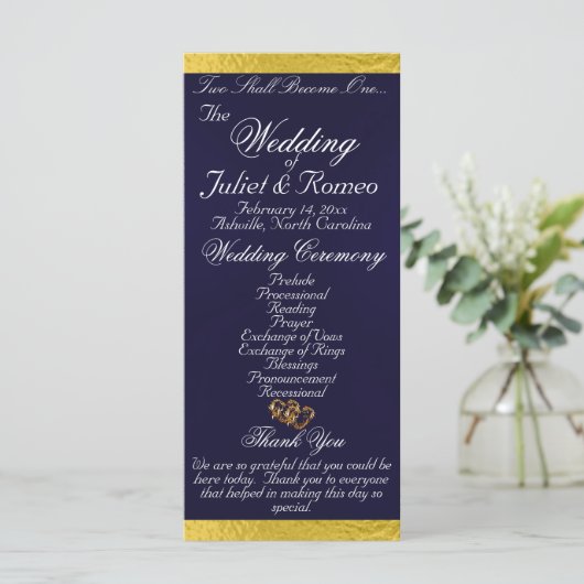 Elegant script & lint - Navy blauw/gouden bruiloft Programmakaart (Staand voorkant)