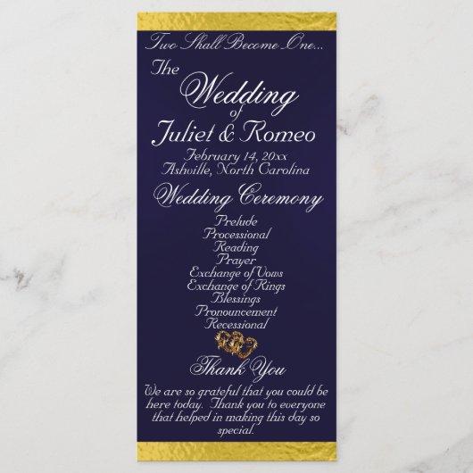 Elegant script & lint - Navy blauw/gouden bruiloft Programmakaart (Voorkant)