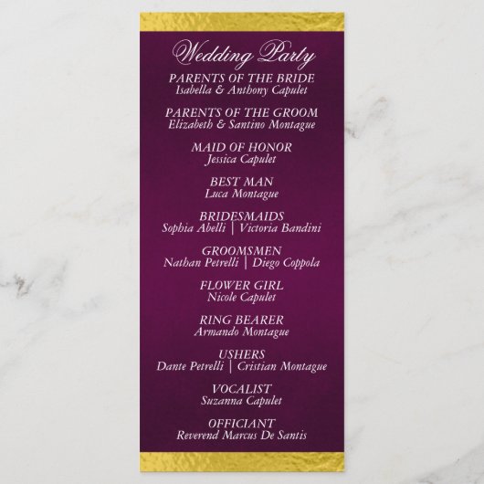 Elegant script & lint - Paarse/gouden bruiloft Programmakaart (Achterkant)