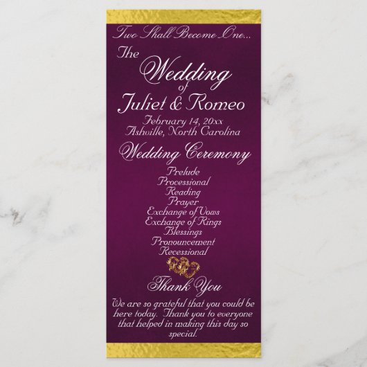 Elegant script & lint - Paarse/gouden bruiloft Programmakaart (Voorkant)