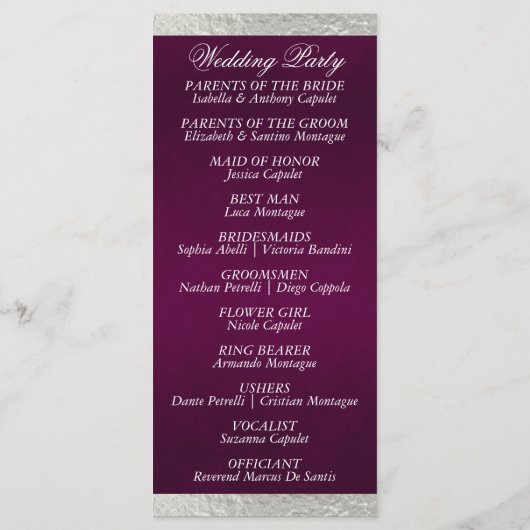 Elegant script & lint - Paarse/zilveren bruiloft Programmakaart (Achterkant)