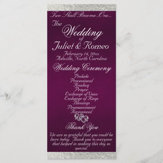 Elegant script & lint - Paarse/zilveren bruiloft Programmakaart (Voorkant)