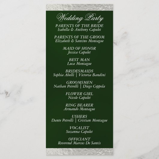 Elegant script & lint - Smaragden/Zilveren bruilof Programmakaart (Achterkant)