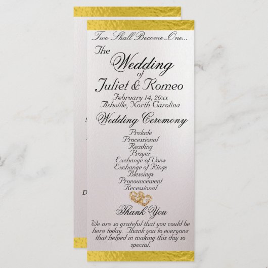 Elegant script & lint - Witte Parel/Gouden bruilof Programmakaart (Voorkant / Achterkant)