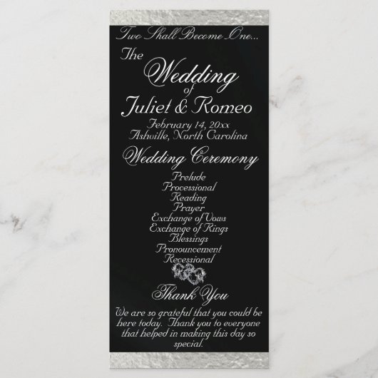 Elegant script & lint - Zwart/Zilver bruiloft Programmakaart (Voorkant)