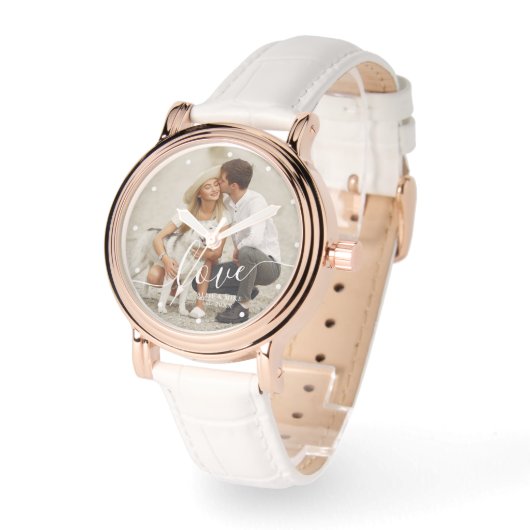 Elegant Script "Love" Custom Photo Horloge (Hoek)