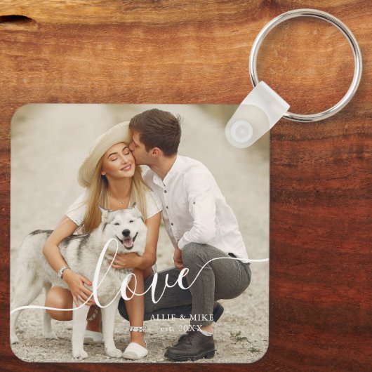 Elegant Script "Love" Custom Photo Sleutelhanger (Achterkant)