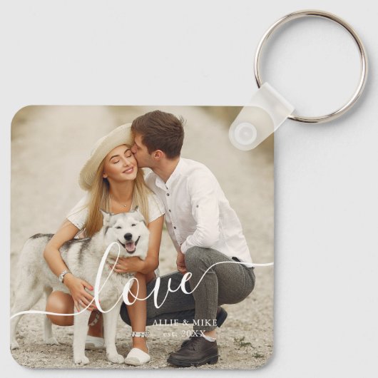 Elegant Script "Love" Custom Photo Sleutelhanger (Achterkant)