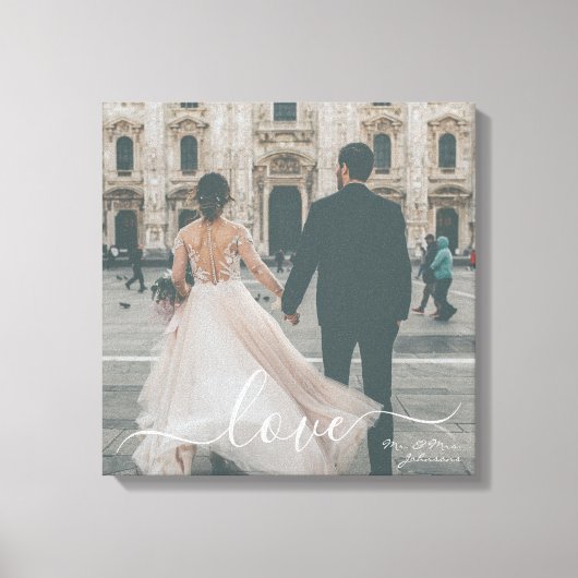 Elegant Script Love Mr Mrs Custom Wedding Photo Canvas Afdruk (Voorkant)