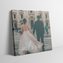 Elegant Script Love Mr Mrs Custom Wedding Photo Canvas Afdruk