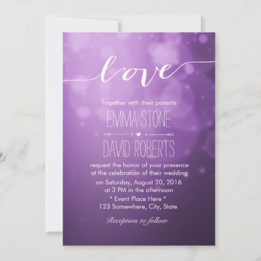 Elegant Script Love Paarse Lights Modern Wedding Kaart (Voorkant)