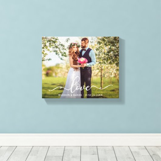 Elegant Script Love Wedding Bride and Groom Photo Canvas Afdruk (Insitu (Houten vloer))