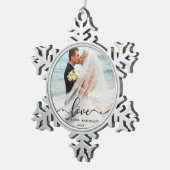 Elegant Script Love Wedding Photo Mr en Mrs. Tin Sneeuwvlok Ornament (Rechts)