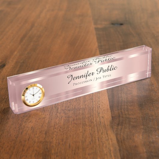 Elegant Script Luxe Rose Goud Met Klok Naambordje (Zijkant)