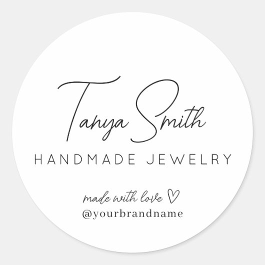 Elegant Script Made Love Heart Sieraden Bedrijf Ronde Sticker (Voorkant)